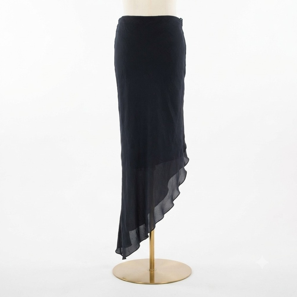 Vintage Y2K Newport News Black Silk Chiffon Asymmetric Whimsigoth Fairy Skirt 6